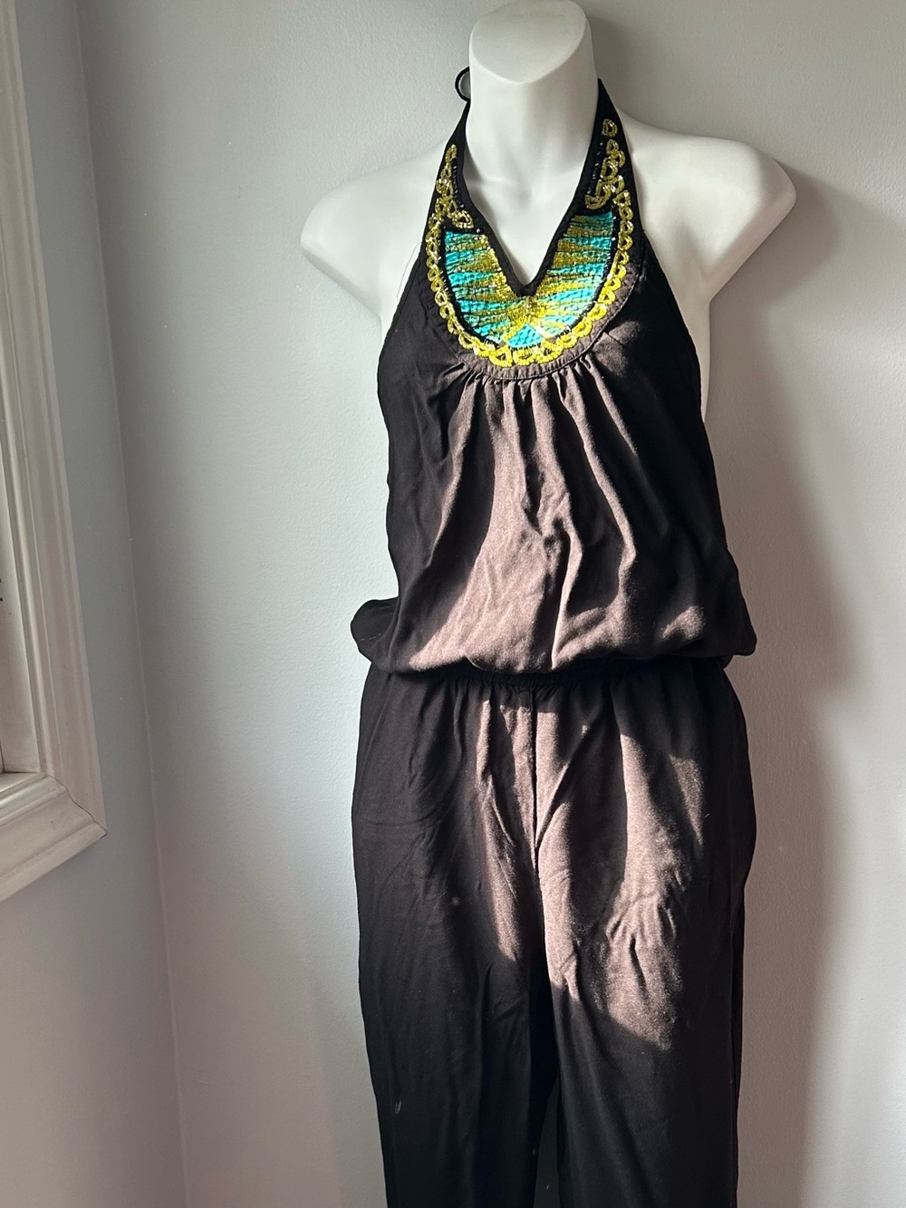 Black Halter Jumpsuit with Embroidered  Teal & Gold Accent
